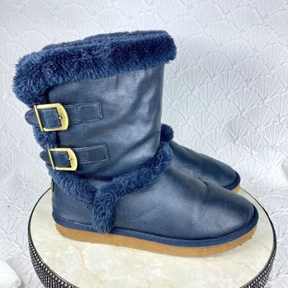 UGG Boots Womens Sz 10 Navy Blue Becket Suede Shearling Sheepskin Buckle Booties - Picture 1 of 13